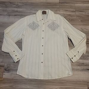 Roar Shirt Men XL‎ White Modern Day Rebel Button Up Long Sleeve Gray Embroidery